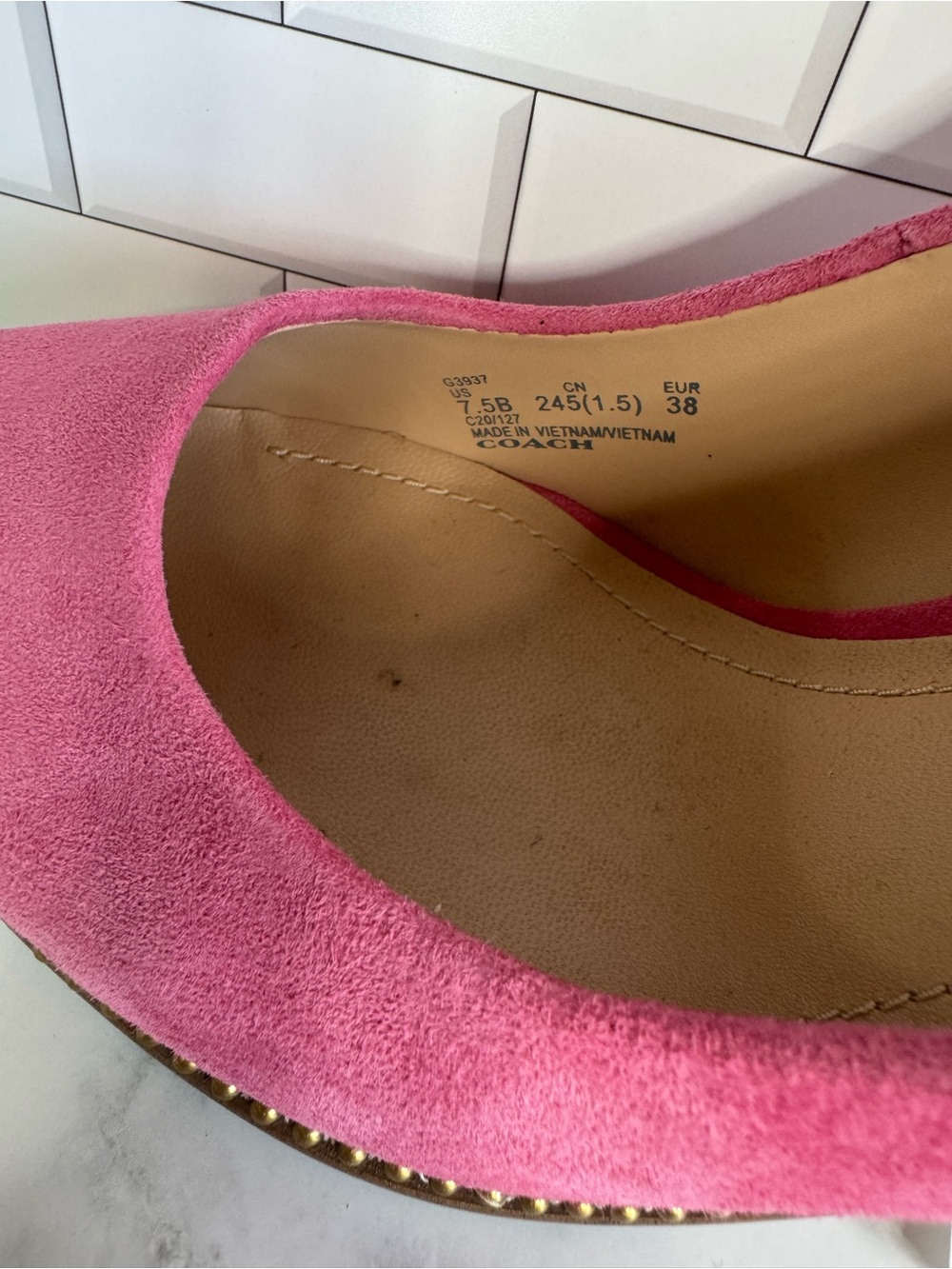 COACH Pink Suede Pointed Toe Pumps with Brass Studded Trim. - Picture 5 of 12